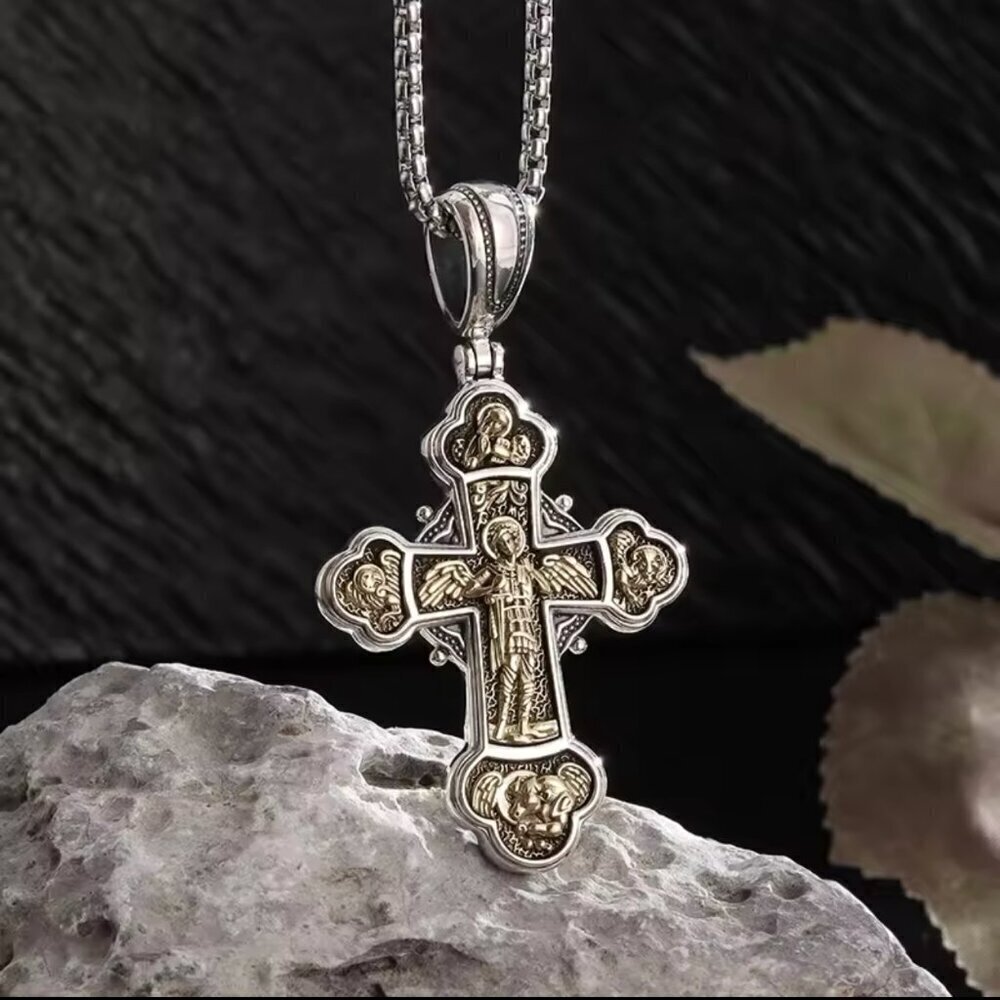 TwoTone Catholic Cross Heavy Pendant and Necklace #1434 - Picture 4 of 8